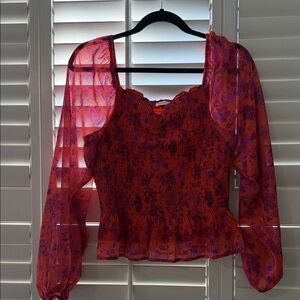 Pink Lily Floral Smocked Blouse - Pink and Purple